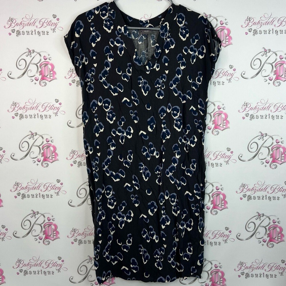 ICHI dress flowers Vneck flowy abstract paint style Gray and Blue Floral Dress